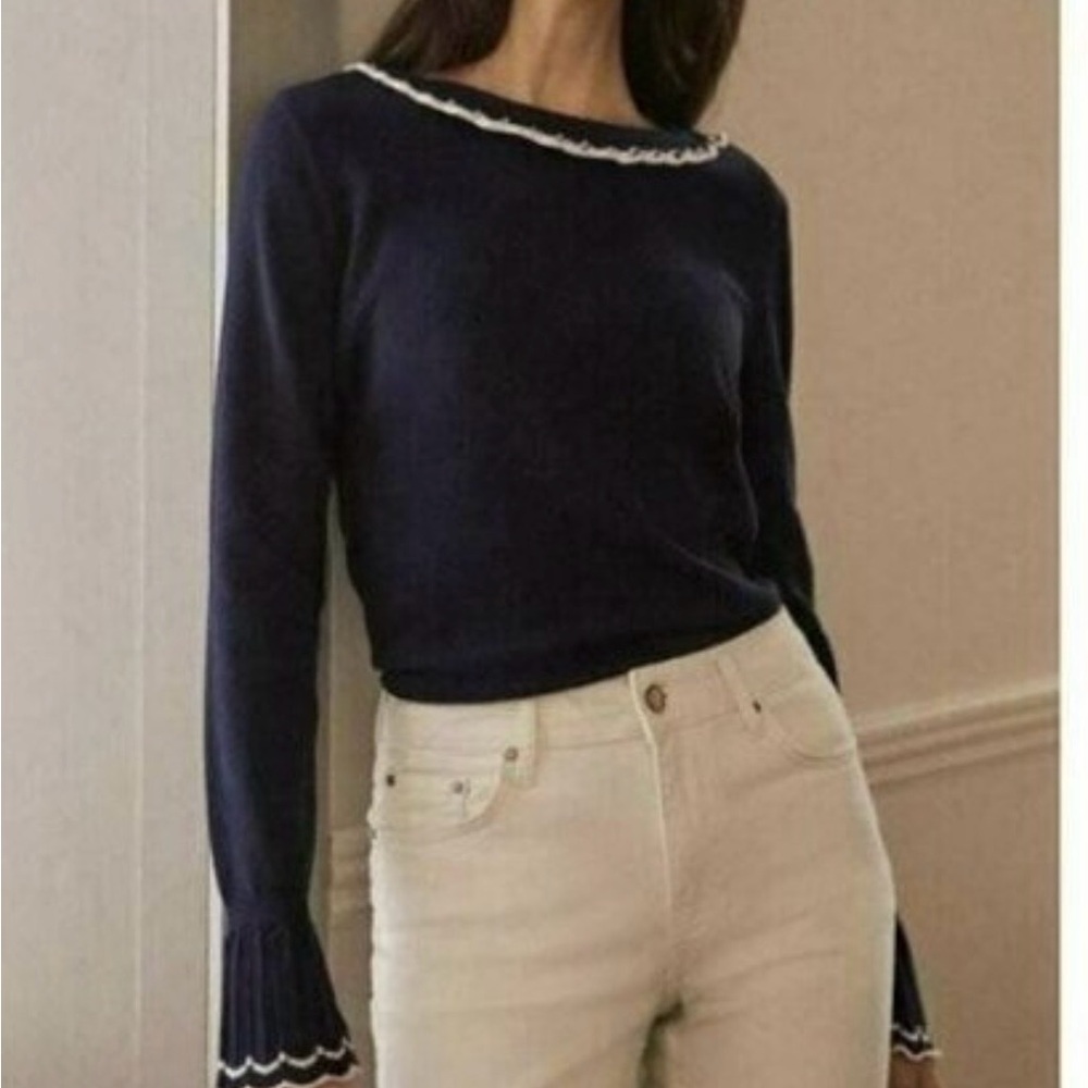 Boden Women’s Navy Blue White Trim Ruffle Wool‎ Cotton Crewneck Sweater Sz 10